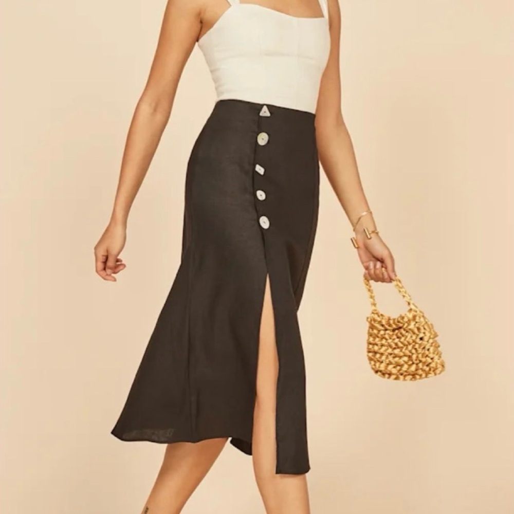 Reformation Black Linen Midi Skirt